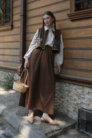 Embroidered Vest Skirt Set Brown - 3