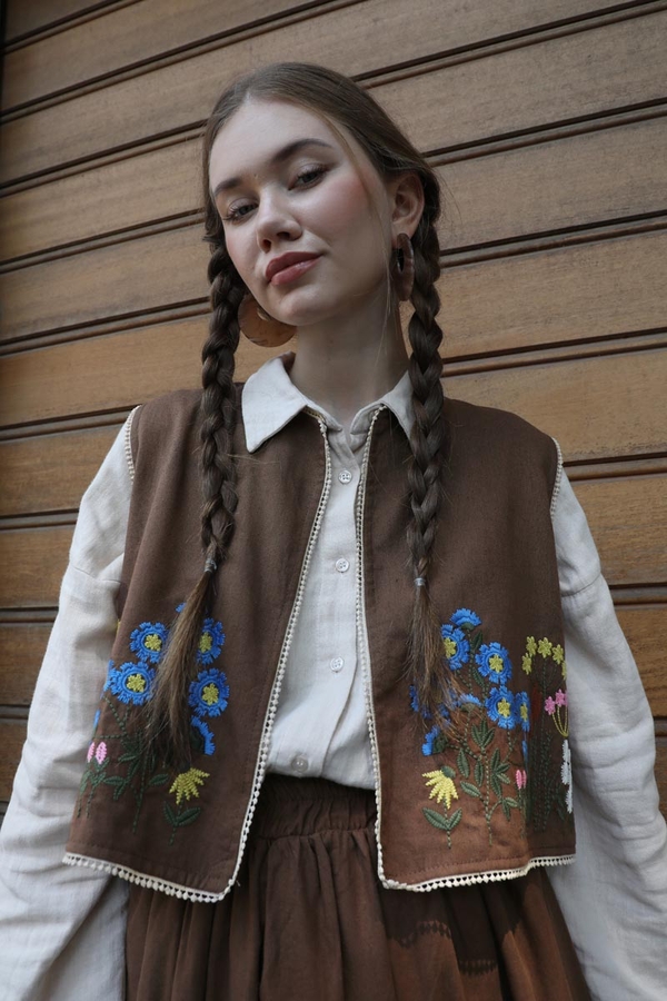 Embroidered Vest Skirt Set Brown - 4