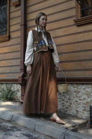 Embroidered Vest Skirt Set Brown - 6
