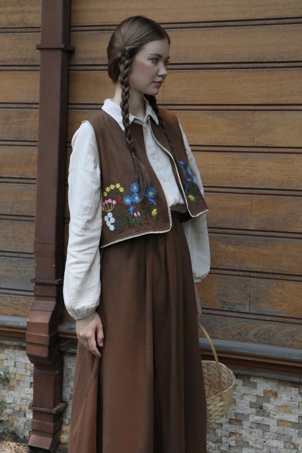 Embroidered Vest Skirt Set Brown - 7