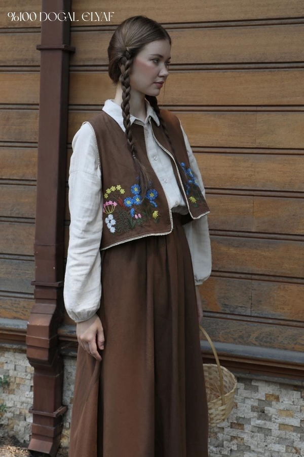 Embroidered Vest Skirt Set Brown - 1