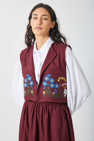 Embroidered Vest Skirt Set Burgundy - 4