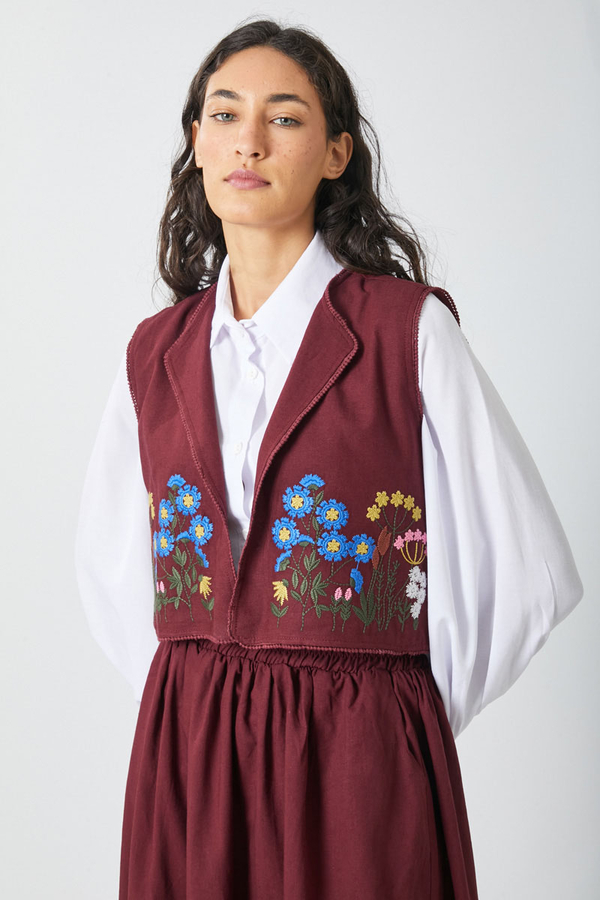 Embroidered Vest Skirt Set Burgundy - 4