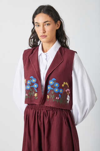 Embroidered Vest Skirt Set Burgundy - 2