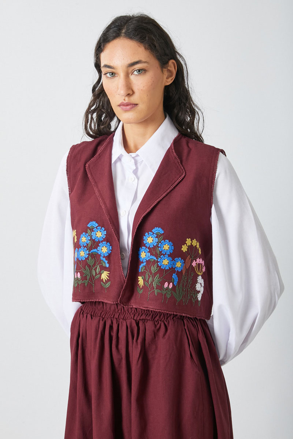 Embroidered Vest Skirt Set Burgundy - 2