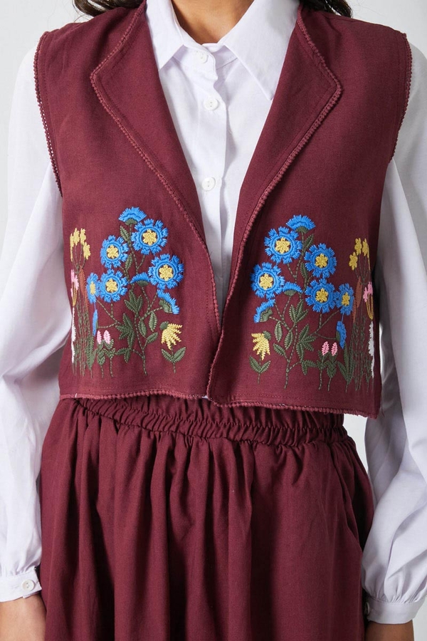 Embroidered Vest Skirt Set Burgundy - 10