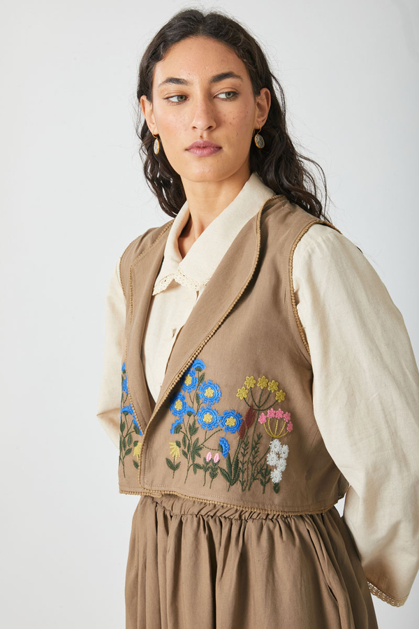 Embroidered Vest Skirt Set Camel - 11