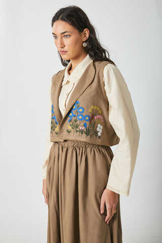 Embroidered Vest Skirt Set Camel - 8