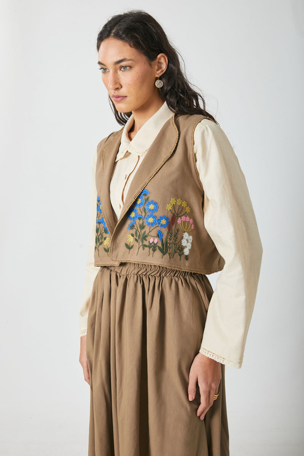 Embroidered Vest Skirt Set Camel - 8