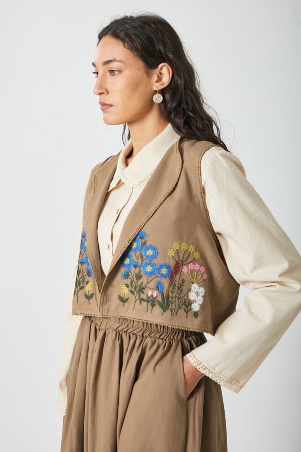 Embroidered Vest Skirt Set Camel - 5