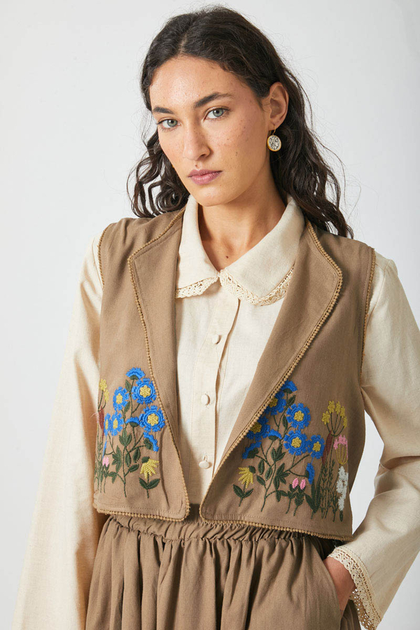 Embroidered Vest Skirt Set Camel - 7