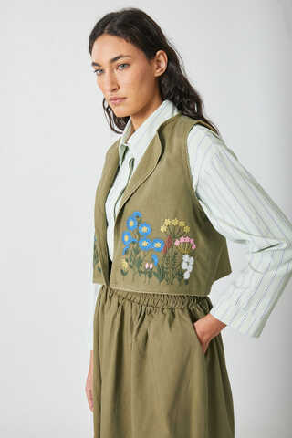 Embroidered Vest Skirt Set Khaki - 10