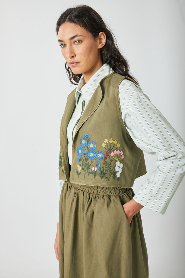 Embroidered Vest Skirt Set Khaki - 10