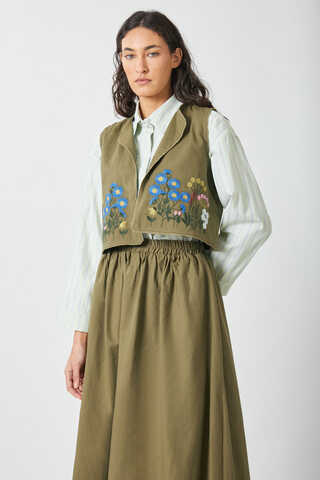 Embroidered Vest Skirt Set Khaki - 5