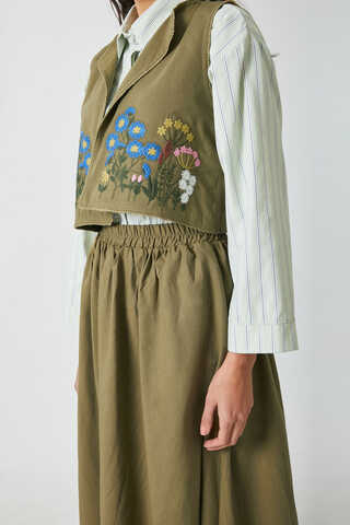 Embroidered Vest Skirt Set Khaki - 8