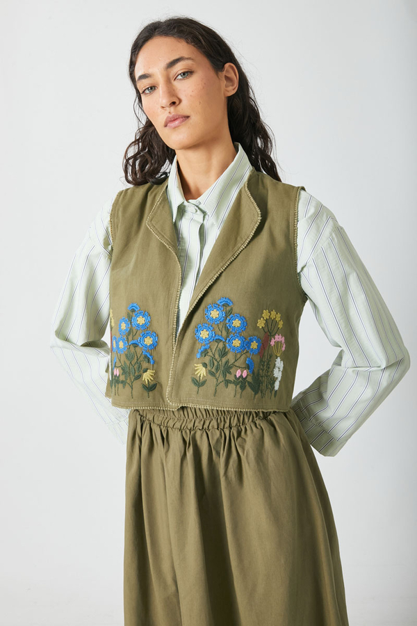 Embroidered Vest Skirt Set Khaki - 9