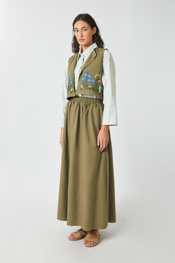Embroidered Vest Skirt Set Khaki - 3