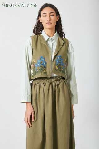 Embroidered Vest Skirt Set Khaki - 1