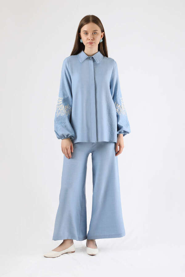 Embroidery Detailed Linen Suit Baby Blue - 2
