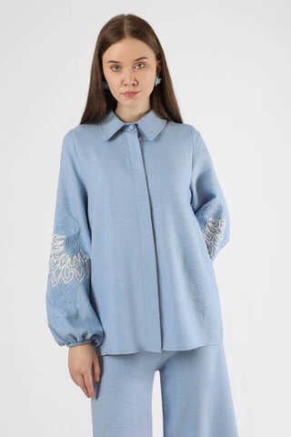 Embroidery Detailed Linen Suit Baby Blue - 3