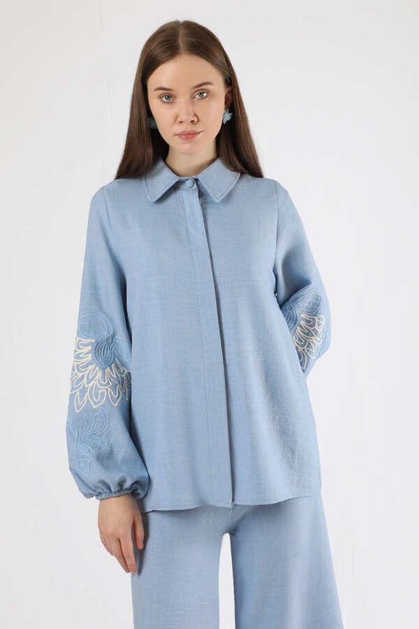 Embroidery Detailed Linen Suit Baby Blue - 3
