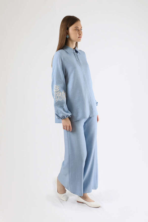 Embroidery Detailed Linen Suit Baby Blue - 4