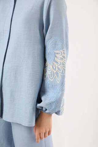 Embroidery Detailed Linen Suit Baby Blue - 5