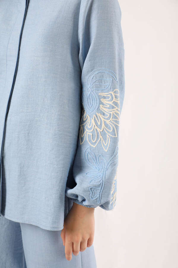 Embroidery Detailed Linen Suit Baby Blue - 5