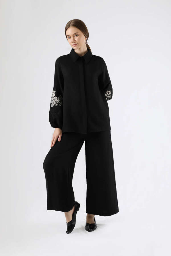Embroidery Detailed Linen Suit Black 