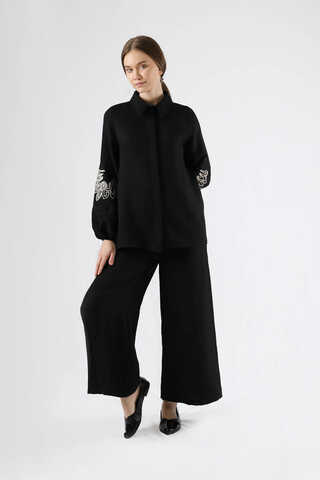 Embroidery Detailed Linen Suit Black - 1