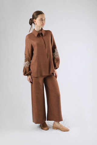 Embroidery Detailed Linen Suit Brown - 4
