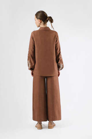 Embroidery Detailed Linen Suit Brown - 6