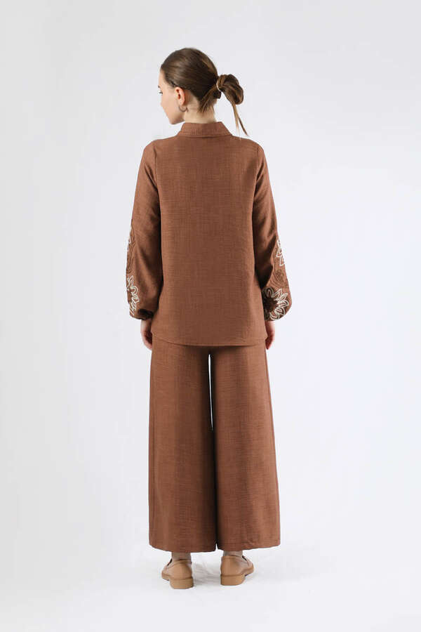 Embroidery Detailed Linen Suit Brown - 6