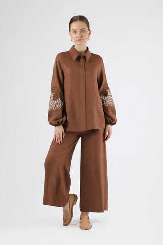 Embroidery Detailed Linen Suit Brown - 2
