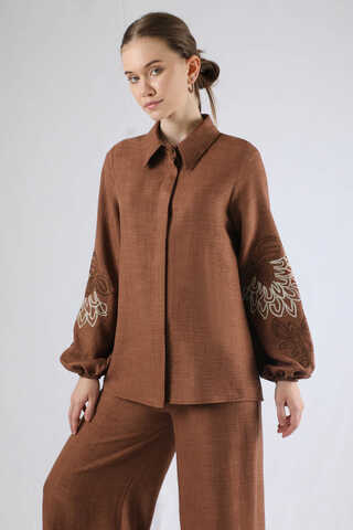 Embroidery Detailed Linen Suit Brown - 3
