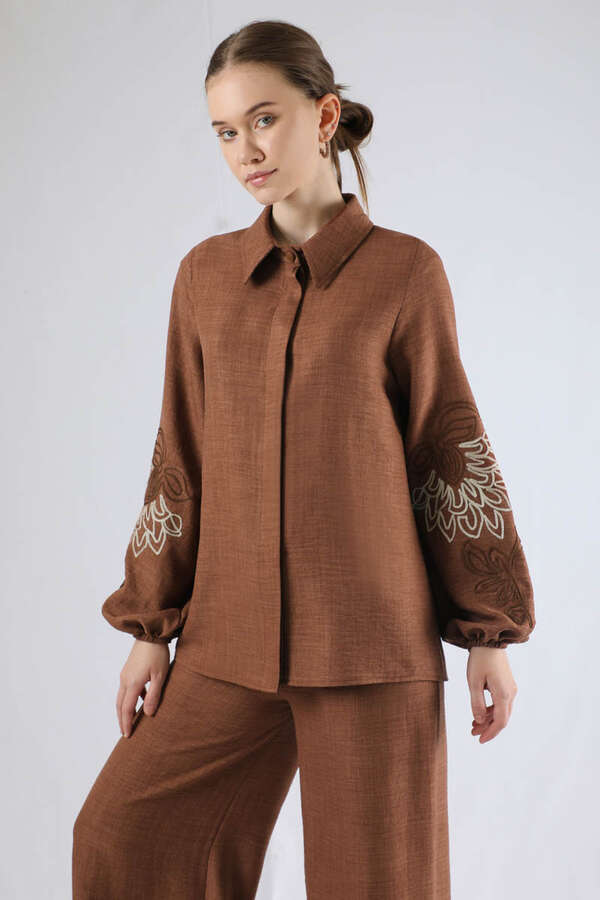Embroidery Detailed Linen Suit Brown - 3