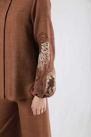 Embroidery Detailed Linen Suit Brown - 5