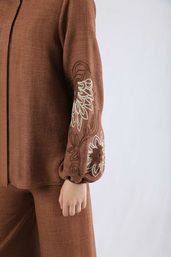 Embroidery Detailed Linen Suit Brown - 5