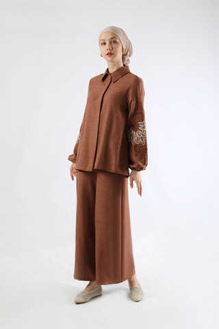Embroidery Detailed Linen Suit Brown - 1