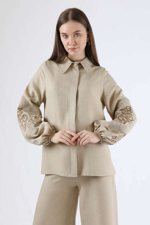 Embroidery Detailed Linen Suit Stone - 2
