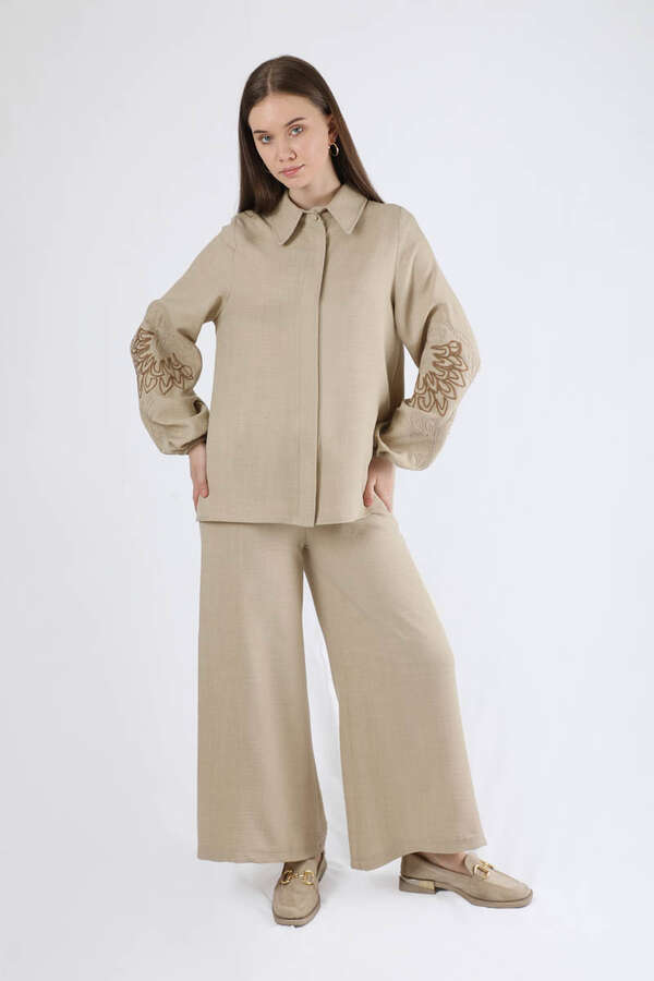Embroidery Detailed Linen Suit Stone - 3