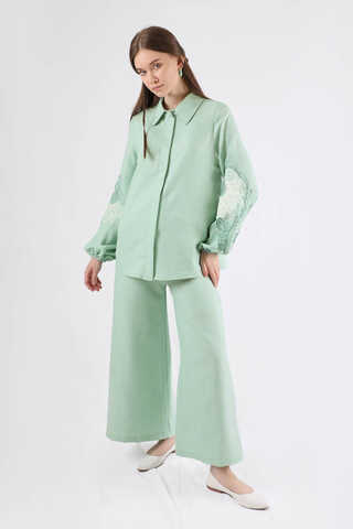 Embroidery Detailed Linen Suit Water Green - 1