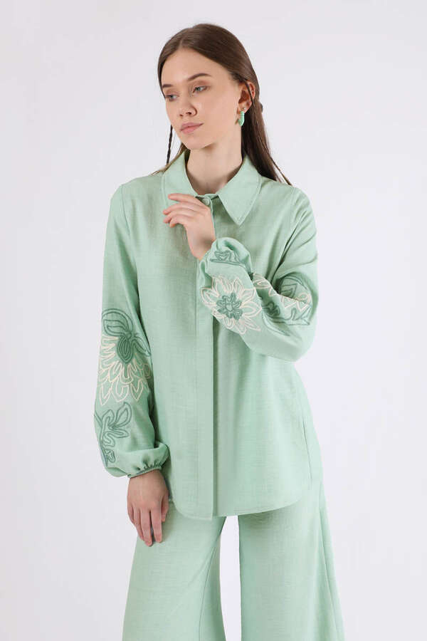 Embroidery Detailed Linen Suit Water Green - 2