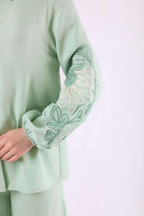 Embroidery Detailed Linen Suit Water Green - 3