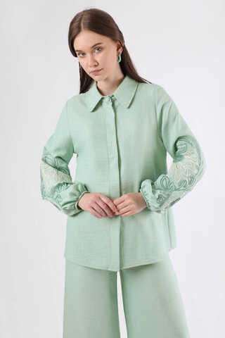 Embroidery Detailed Linen Suit Water Green - 4