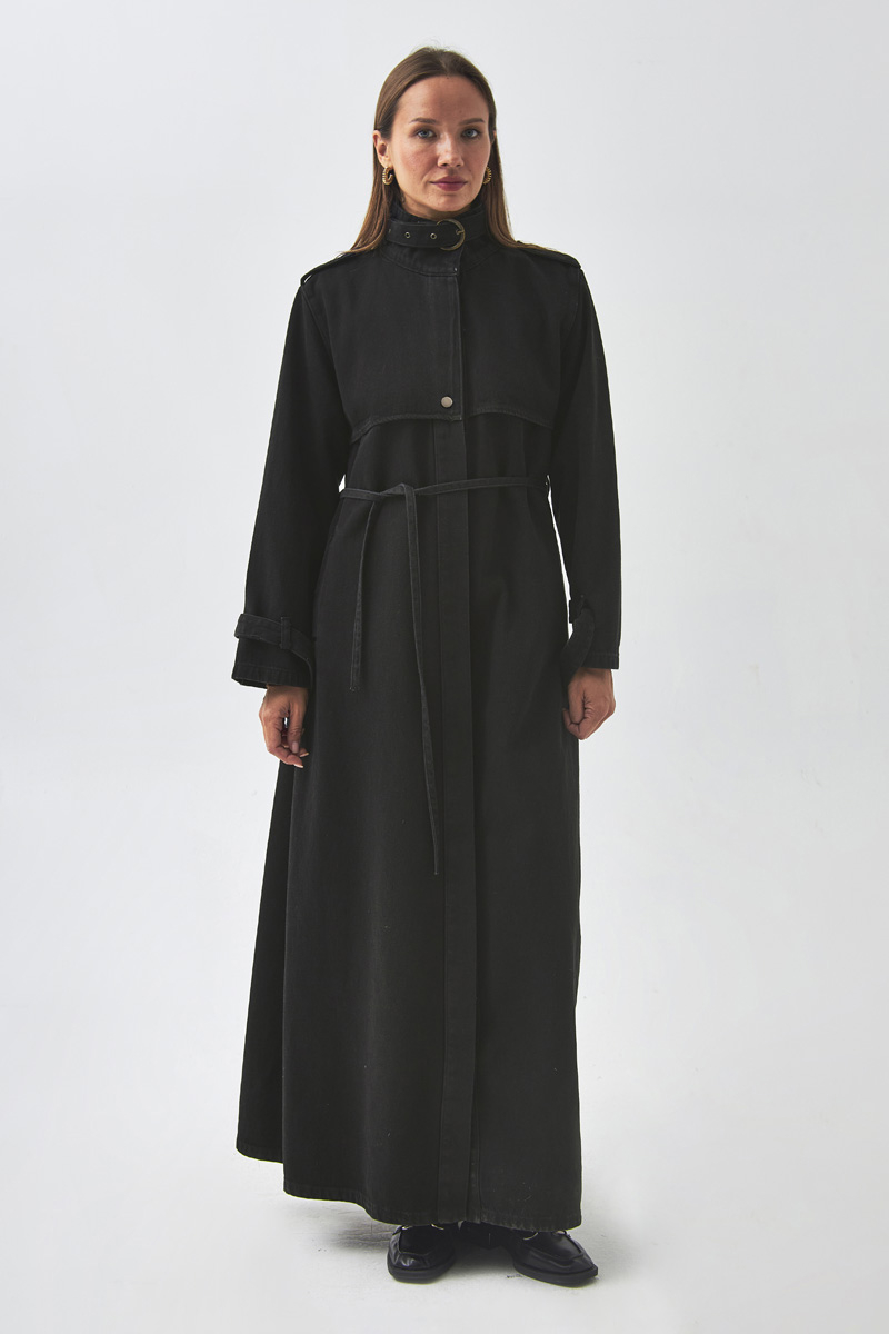 Epaulette Detail Denim Trenchcoat Black