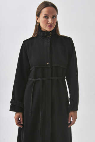 Epaulette Detail Denim Trenchcoat Black - 7