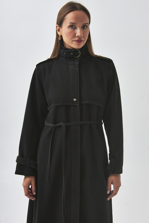 Epaulette Detail Denim Trenchcoat Black - 7