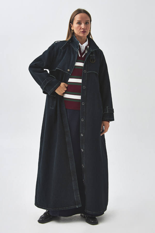 Epaulette Detail Denim Trenchcoat Dark Blue 