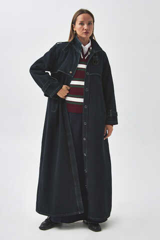 Epaulette Detail Denim Trenchcoat Dark Blue - 1